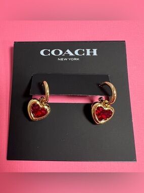 Coach Heart Huggie Earrings In Gold & Red NWT